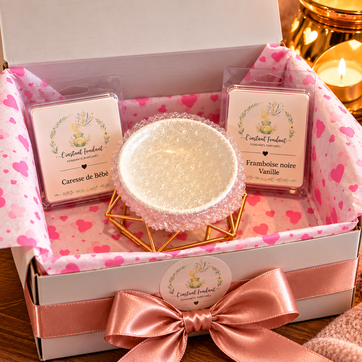 Coffret brûle-parfum métal + 12 fondants parfumés soja